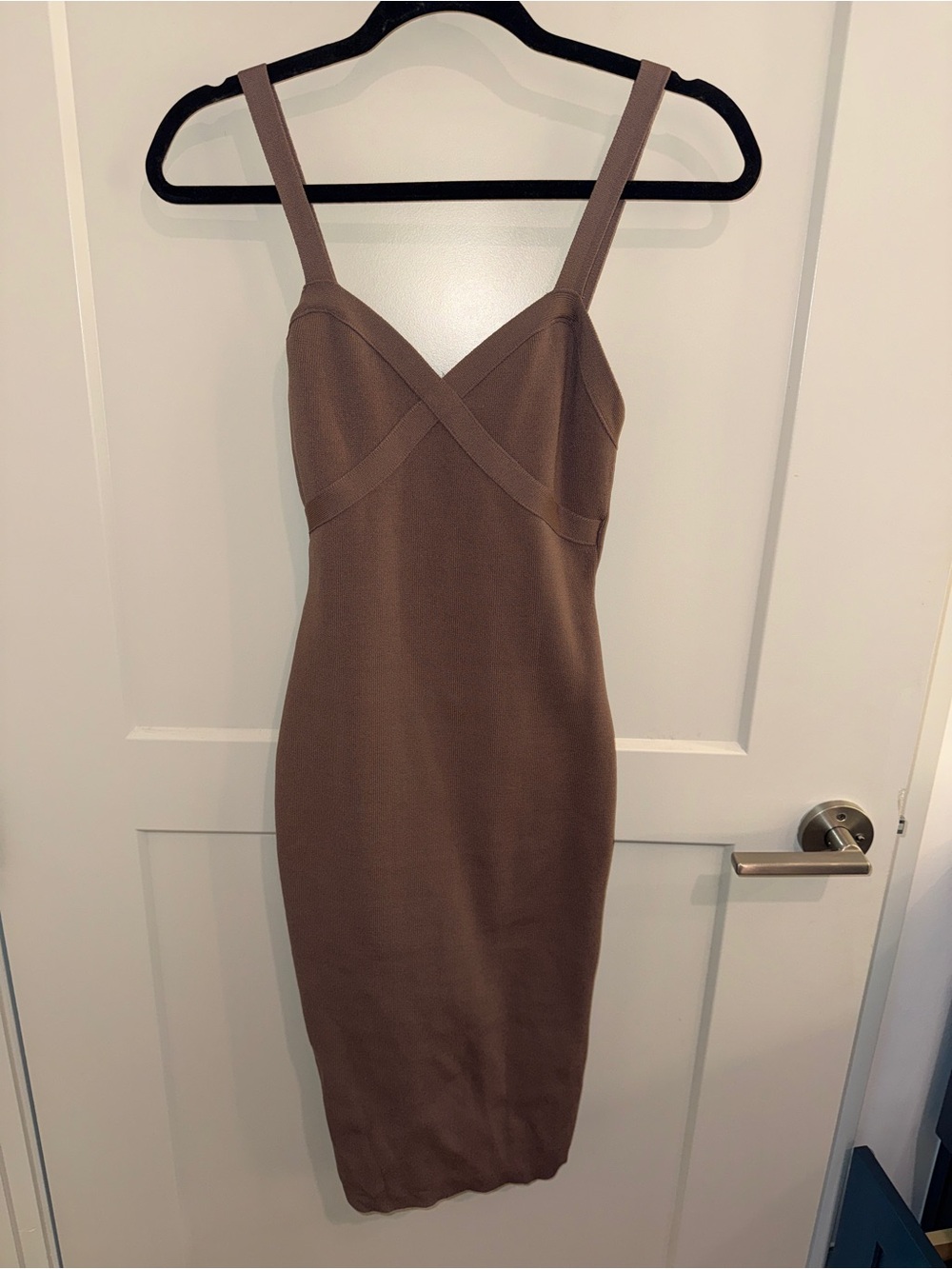 Aritzia Taupe Brown Midi Bodycon Dress with Crossover Bust